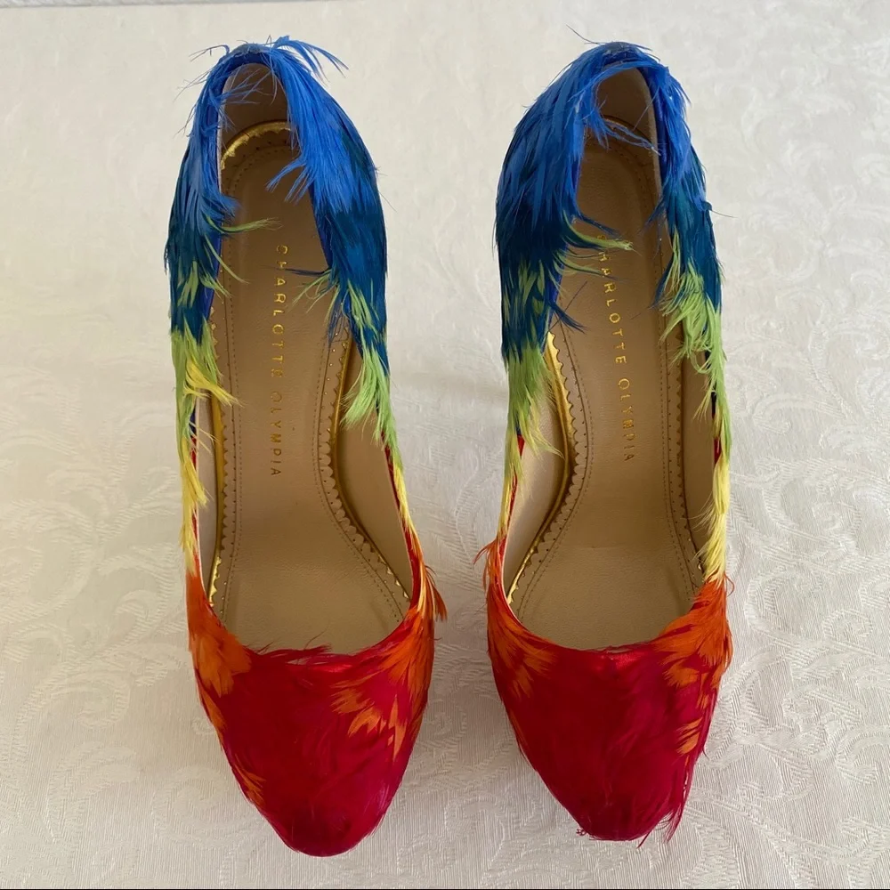 Charlotte Olympia Dolly Rainbow Feathered Pump